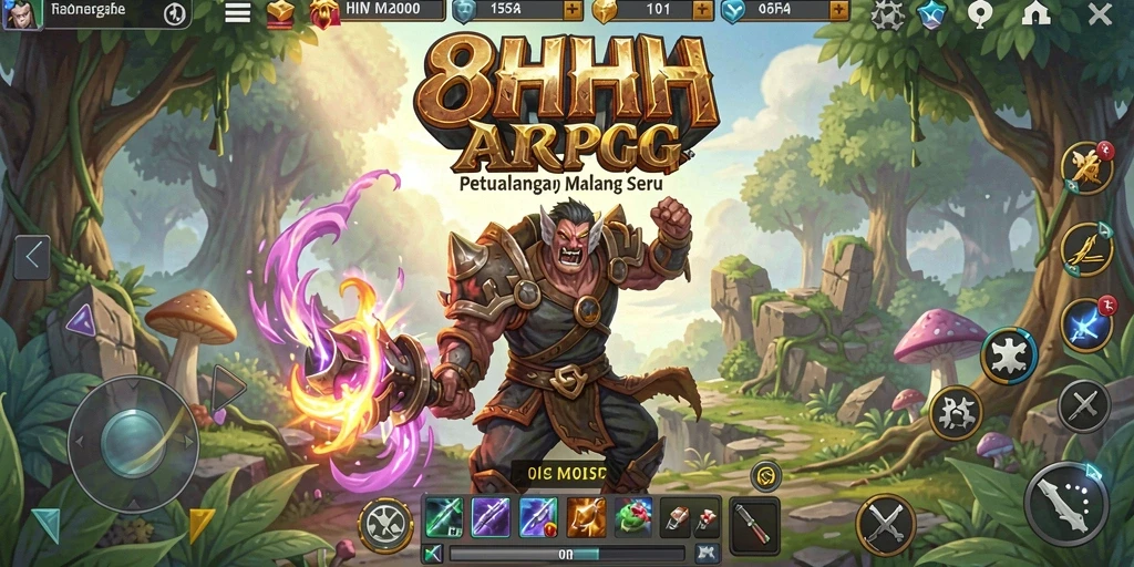 Screenshot 8HHH menampilkan aksi pertarungan karakter di dunia fantasi yang luas.