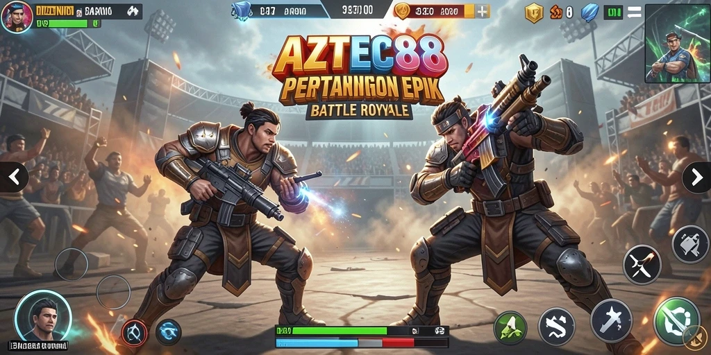 Screenshot gameplay AZTEC88 menunjukkan pertarungan intens di arena Battle Royale.