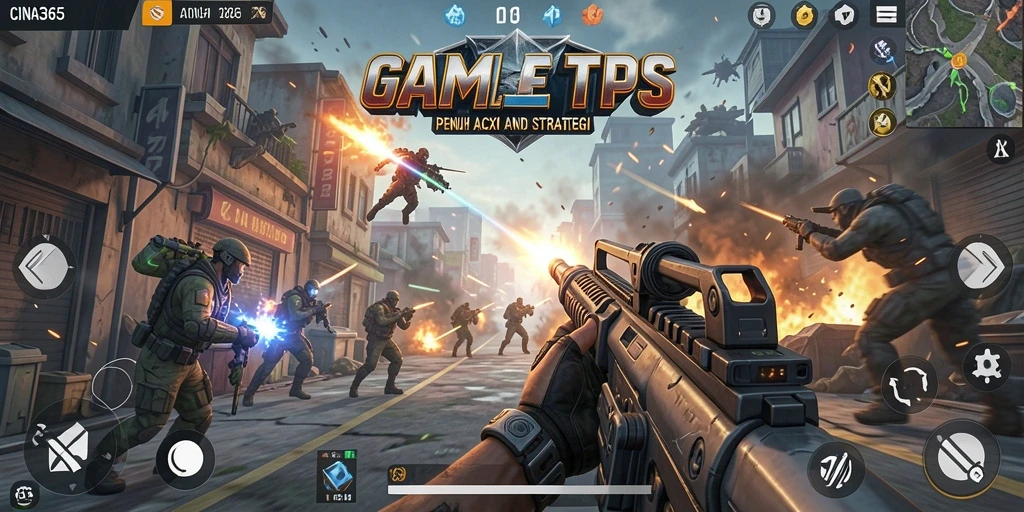 Screenshot utama CINA365 menunjukkan pertempuran intens dalam gaya TPS.