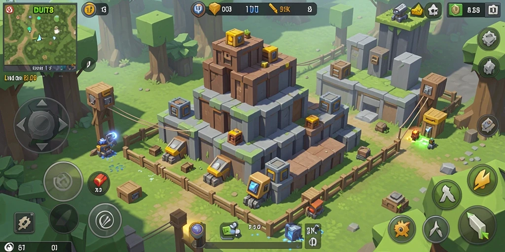 Tangkapan layar gameplay DUIT8 menunjukkan menara yang kuat melawan gelombang musuh.