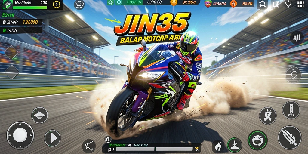 Tampilan gameplay mendebarkan dalam JIN33 dengan balapan motor yang seru.