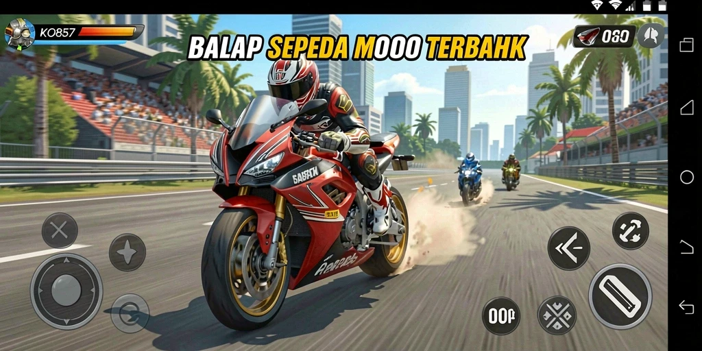 Tampilan gameplay yang mendebarkan dalam balapan motor KO857.