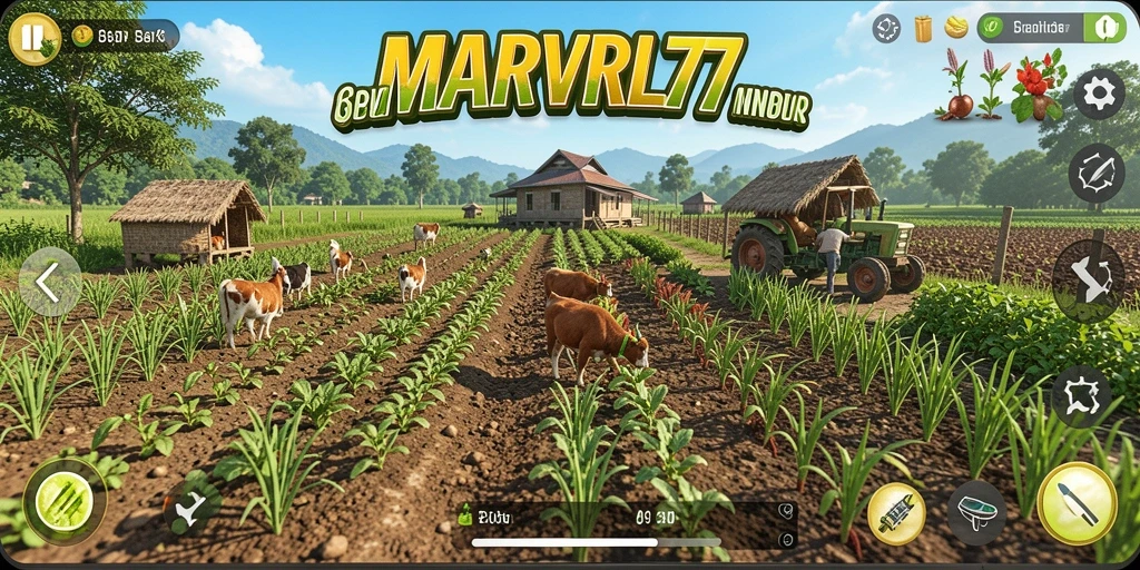 Tampilan gameplay MARVRL77 yang menampilkan pertanian yang indah dan beragam.