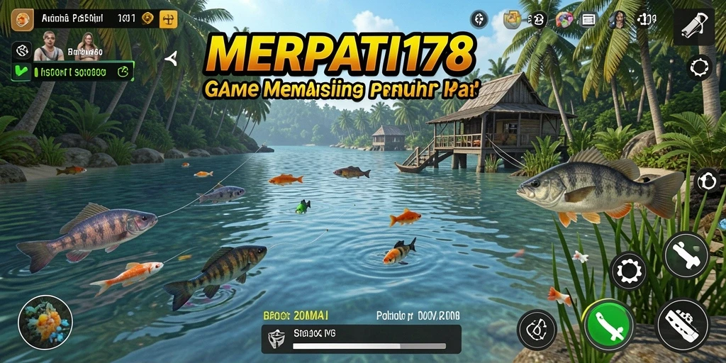 Screenshot dari gameplay <strong>MERPATI178</strong> menampilkan momen menangkap ikan di danau yang tenang.
