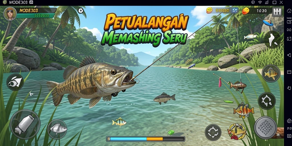 Screenshot dari gameplay menarik dengan berbagai jenis ikan.