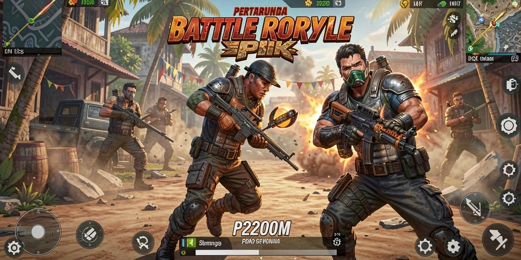 Screenshot utama P200M menampilkan gameplay pertarungan seru dalam Battle Royale.