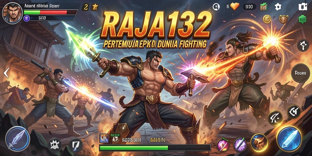 Screenshot utama RAJA132 menampilkan pertarungan seru antar karakter di arena.