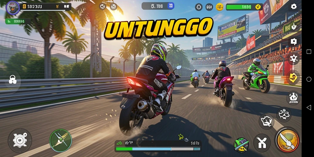 Tampilan gameplay balap motor yang menegangkan dan mendebarkan.